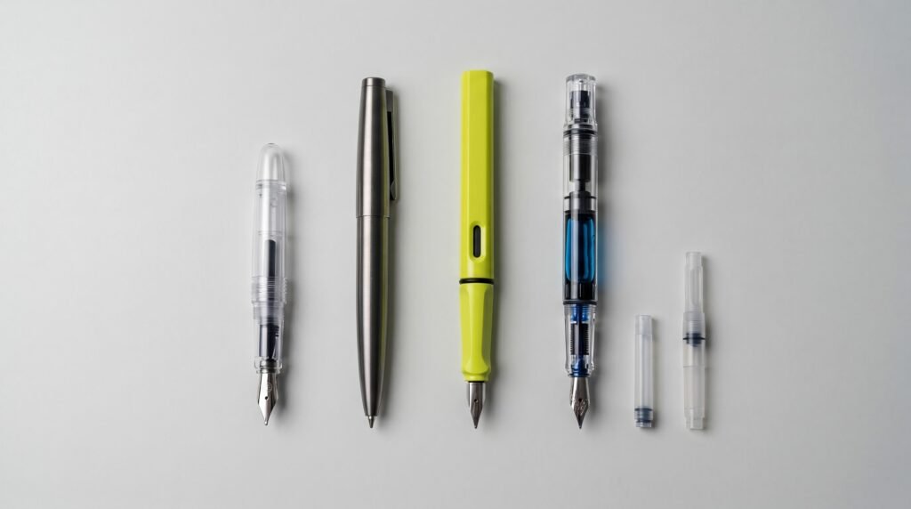 four beginner fountain pens in a lineup showing different styles and materials
