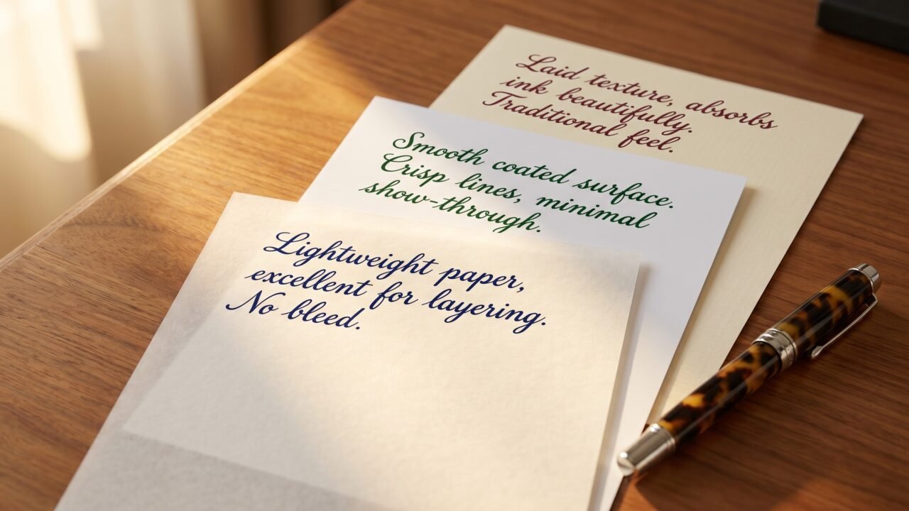 Three sheets of fountain pen paper showing crisp handwritten lines in blue and green ink