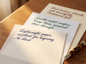 Three sheets of fountain pen paper showing crisp handwritten lines in blue and green ink