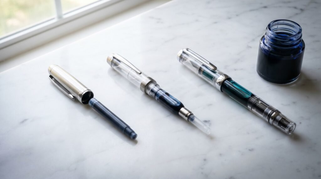 Three fountain pens demonstrating cartridge, converter, and piston filling systems side by side