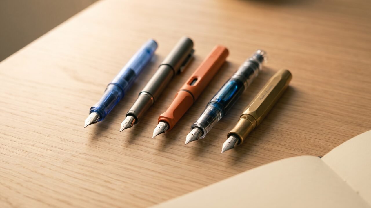 Five beginner fountain pens side by side on a wood desk, nibs forward, showing range of styles