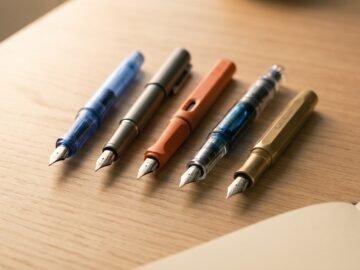 Five beginner fountain pens side by side on a wood desk, nibs forward, showing range of styles
