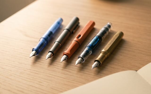Five beginner fountain pens side by side on a wood desk, nibs forward, showing range of styles