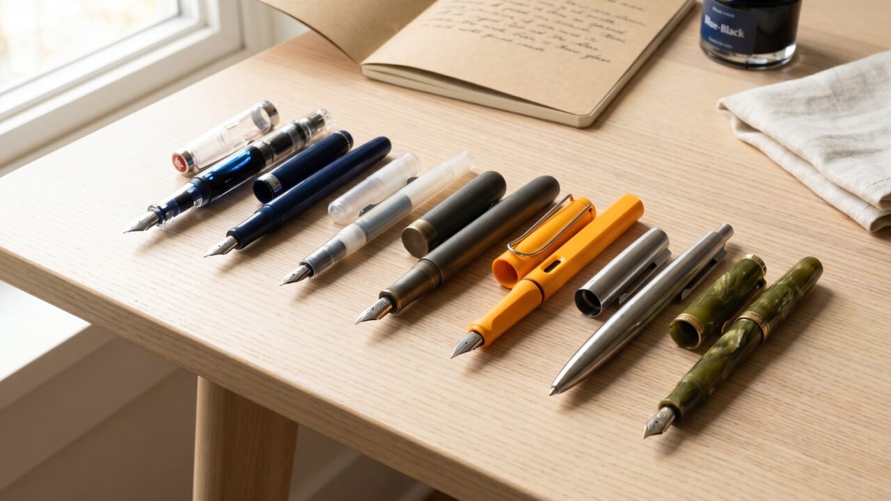 Seven fountain pens arranged on a writing desk showing variety of styles and budgets