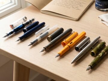 Seven fountain pens arranged on a writing desk showing variety of styles and budgets