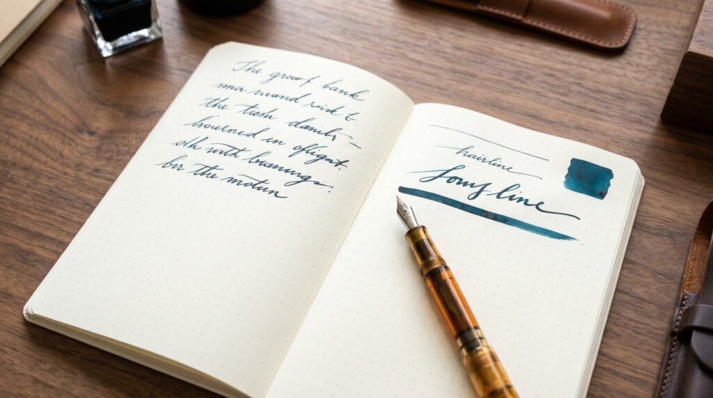 Fountain pen resting on an open notebook showing handwriting samples and ink line widths