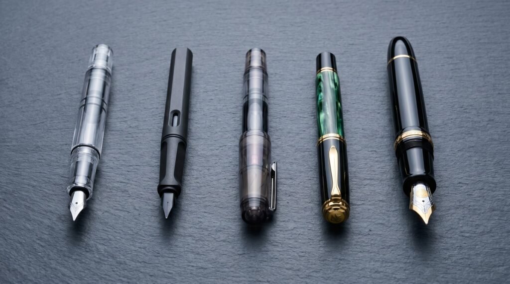 Five fountain pens arranged on grey slate from budget to luxury, showing visual progression