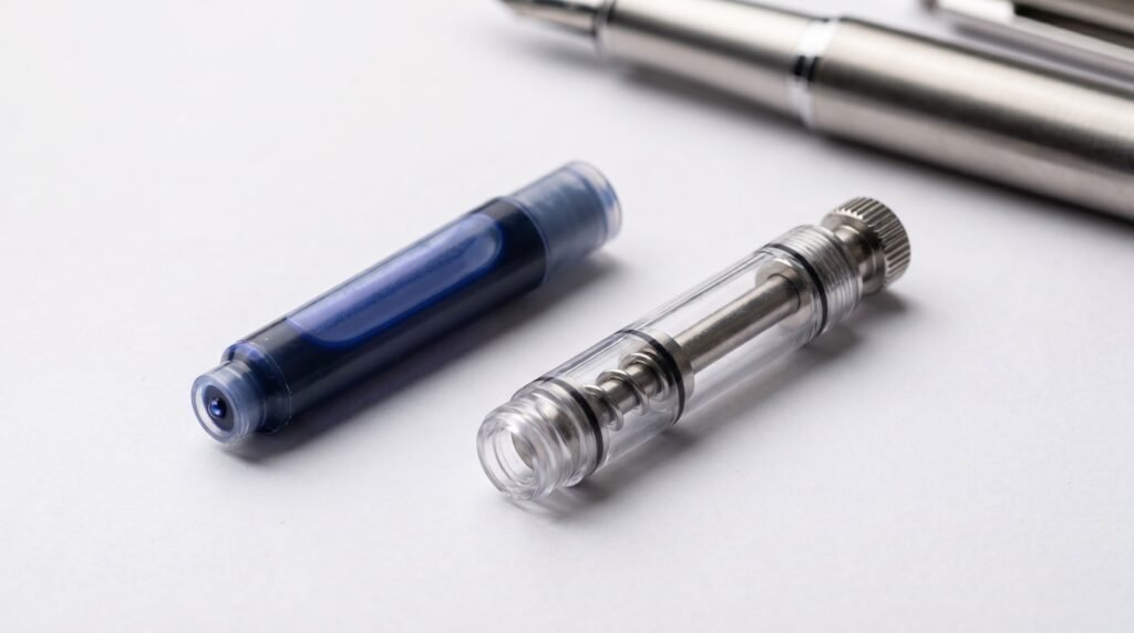 Short ink cartridge and piston converter side by side showing internal reservoir differences