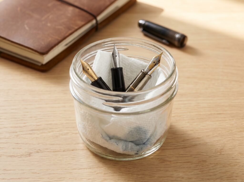 three fountain pen nibs drying nib-down in a glass jar lined with paper towel