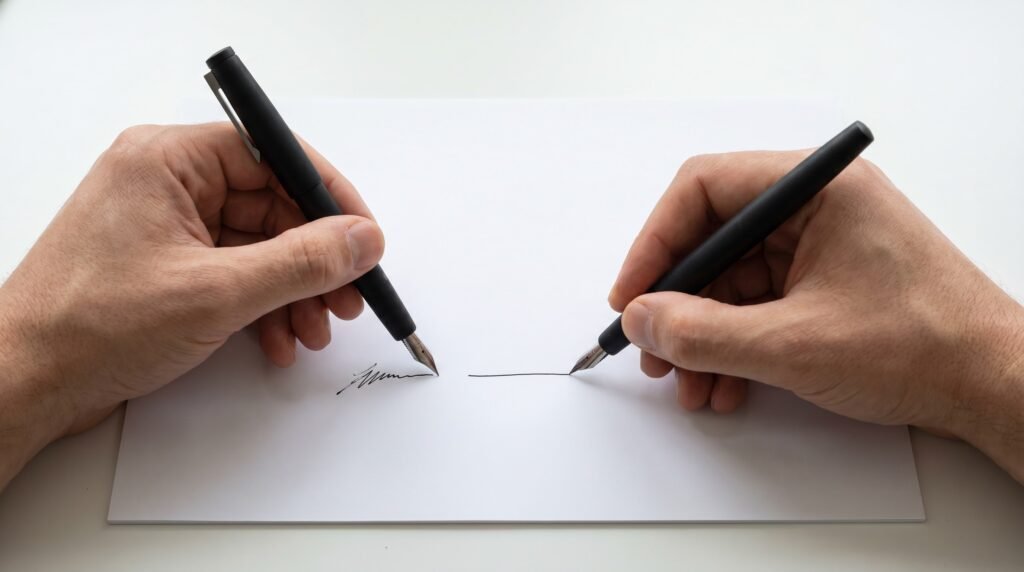 two fountain pens showing steep ballpoint angle versus correct 45-degree fountain pen angle
