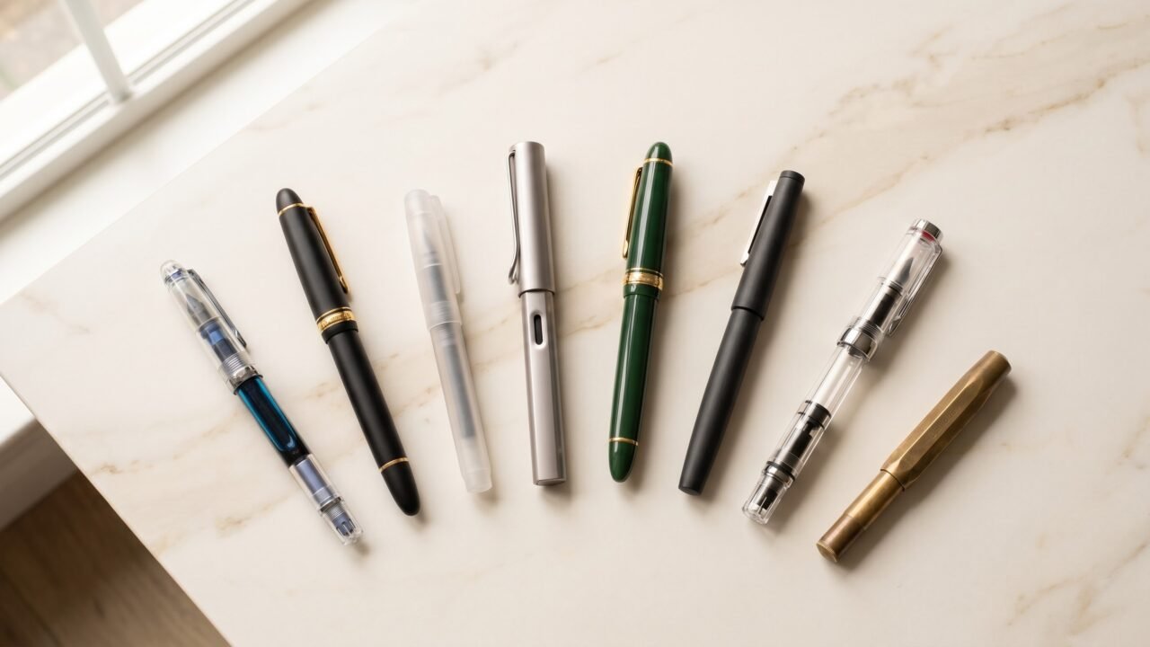 Eight fountain pens of varied styles arranged in an arc on a marble surface