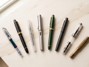 Eight fountain pens of varied styles arranged in an arc on a marble surface