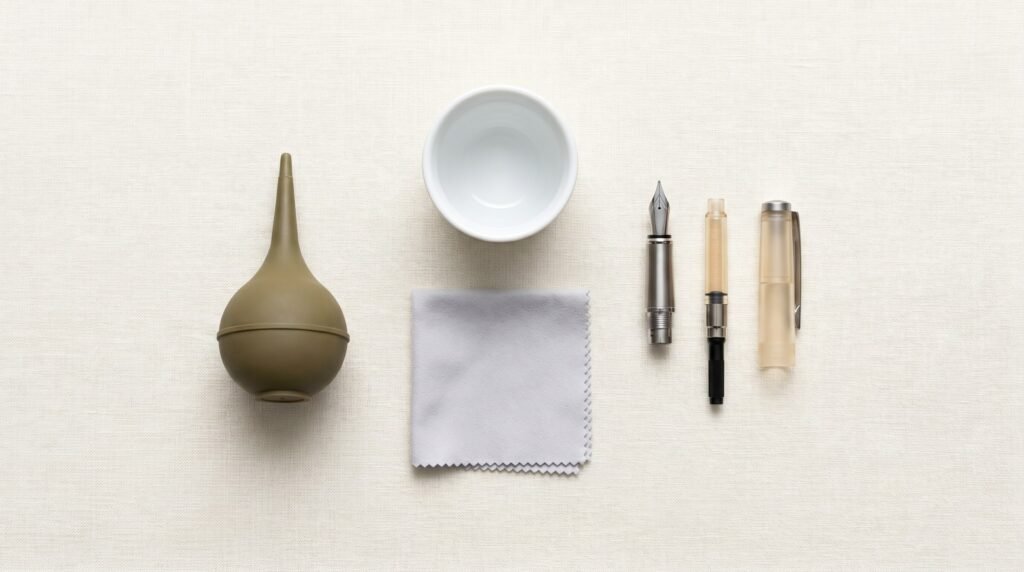 bulb syringe, ceramic cup, lint-free cloth, and disassembled pen parts for fountain pen cleaning