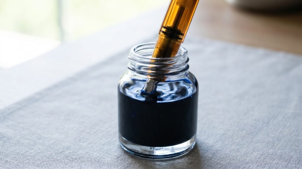 fountain pen nib fully submerged in ink bottle while converter piston fills the reservoir