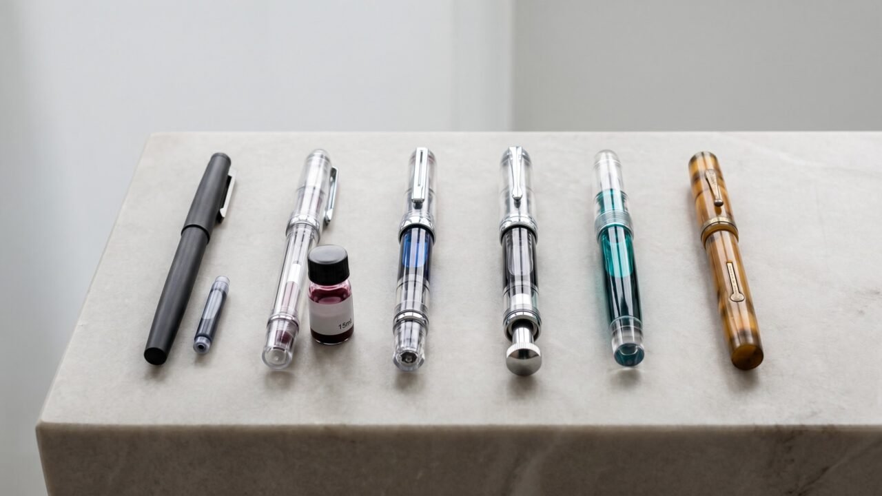 Six fountain pens showing different filling systems arranged on a grey stone surface