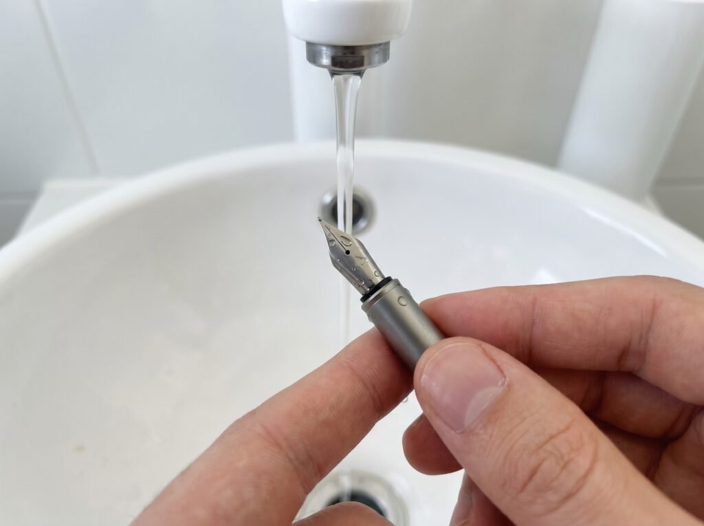 fountain pen nib section rinsing under cool running water before first use