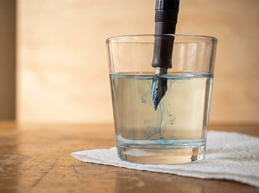 fountain pen nib submerged in a glass of water during a cleaning flush to remove dried ink