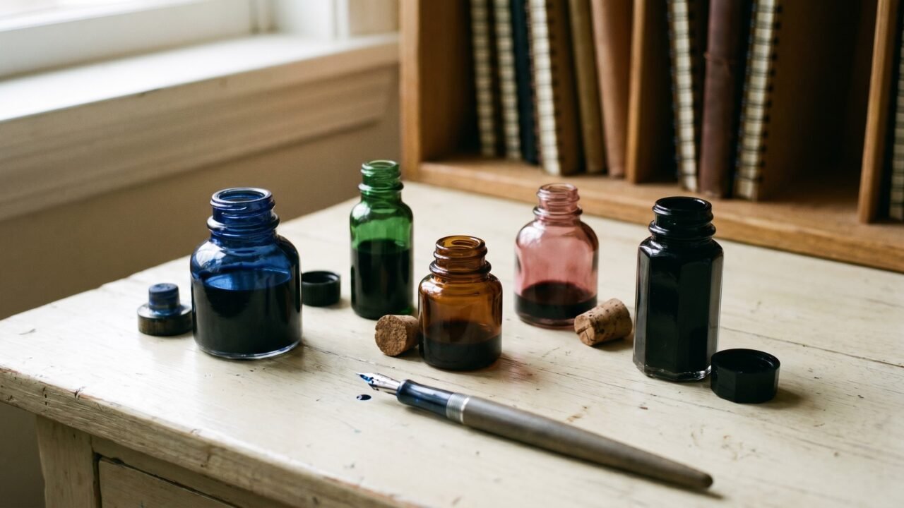 five open glass ink bottles in navy, green, amber, rose, and black with a fountain pen on a wooden desktop