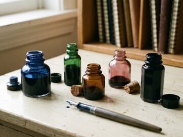 five open glass ink bottles in navy, green, amber, rose, and black with a fountain pen on a wooden desktop