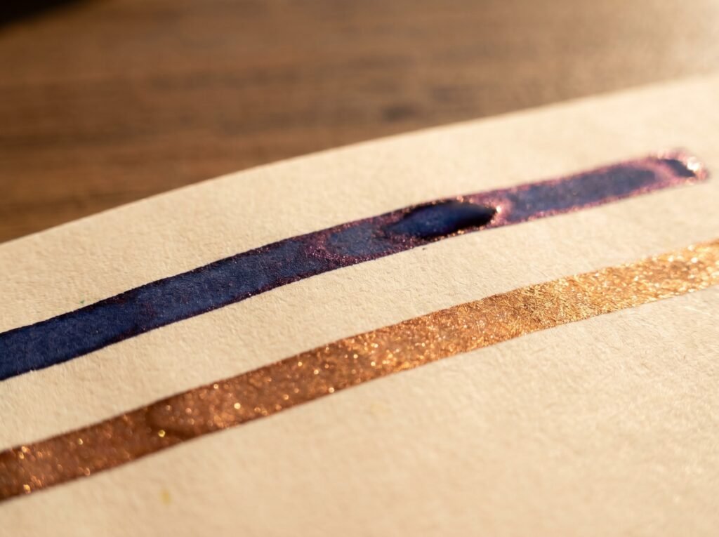 close-up of fountain pen ink showing purple sheen on blue line and copper shimmer particles on cream paper