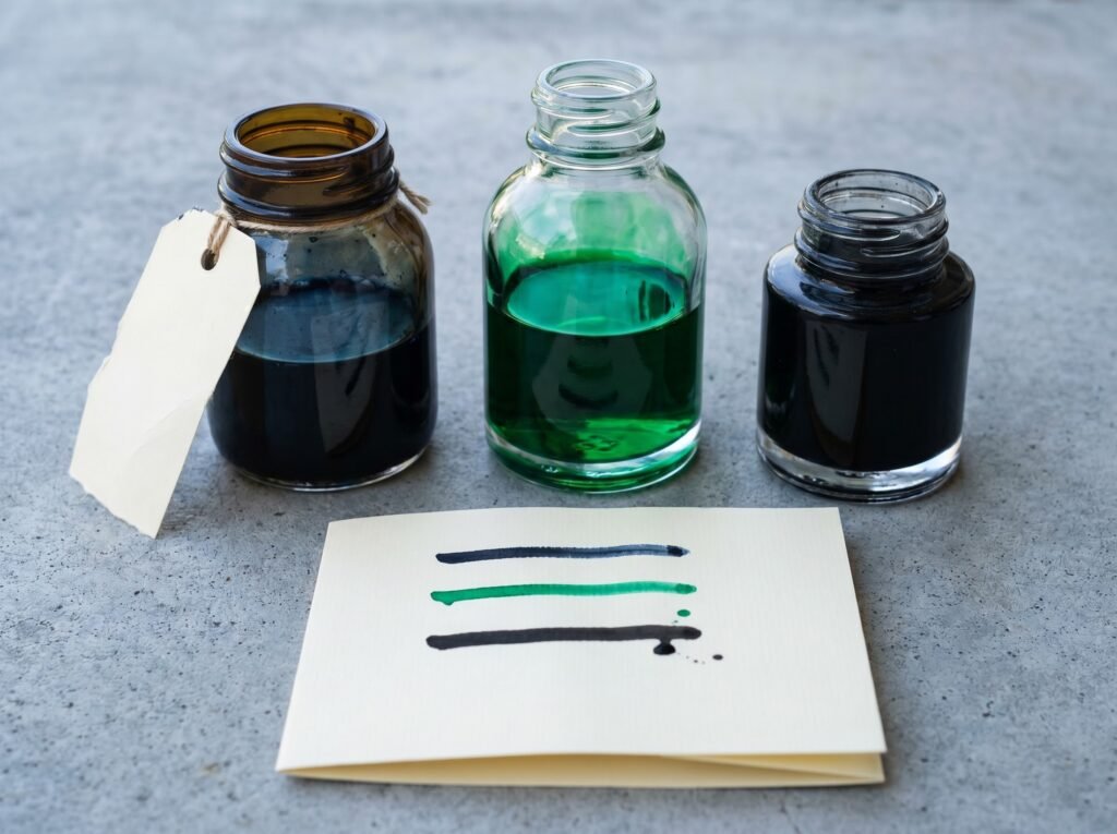 three fountain pen ink bottles representing dye-based, pigment-based, and iron gall chemistry side by side