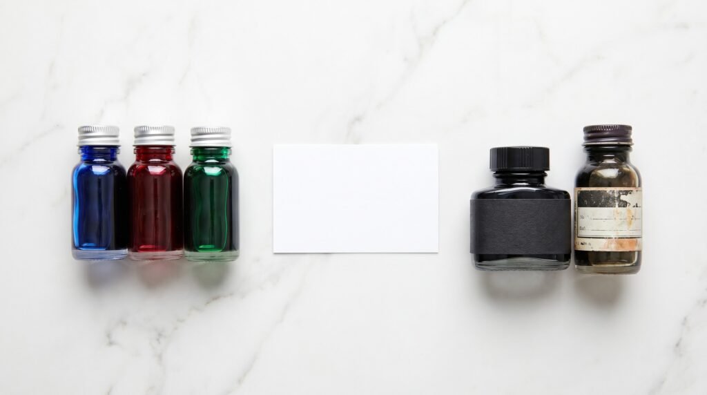 safe fountain pen dye inks on left versus India and calligraphy inks to avoid on right
