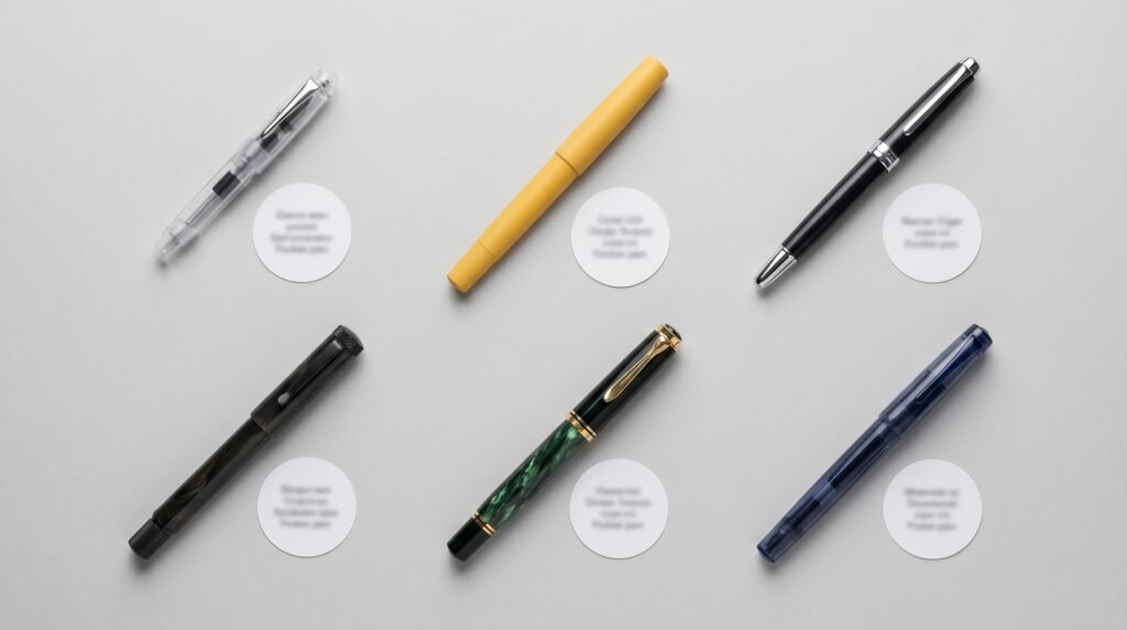 six fountain pens in two rows arranged by budget tier on grey studio surface