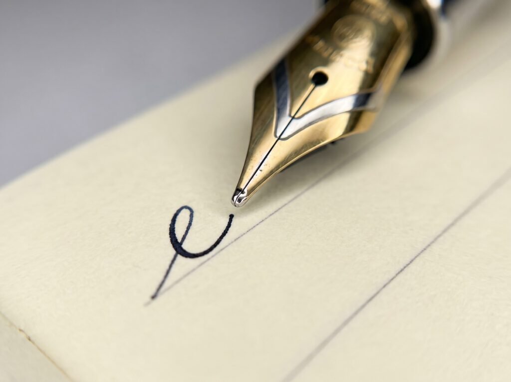 gold fountain pen nib close-up touching cream paper showing tipping material and slit