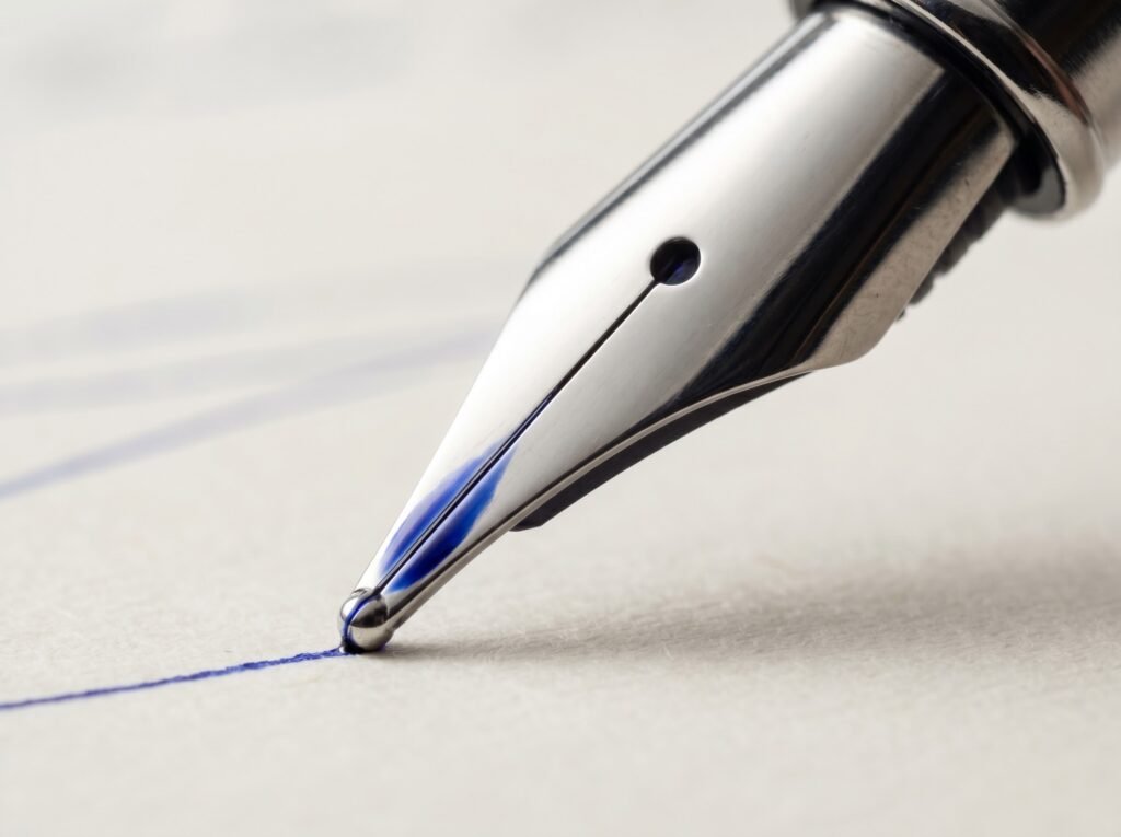 close-up of a stainless steel fountain pen nib with ink droplet touching paper