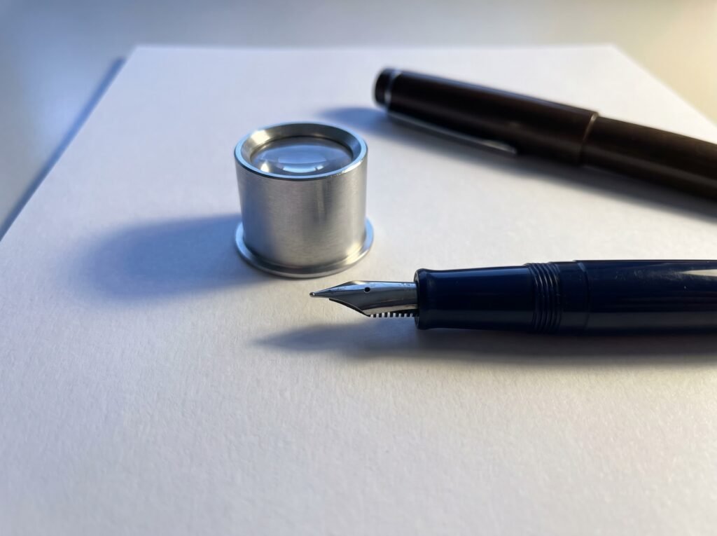 a jeweler's loupe beside a fountain pen nib for inspecting tine alignment during troubleshooting