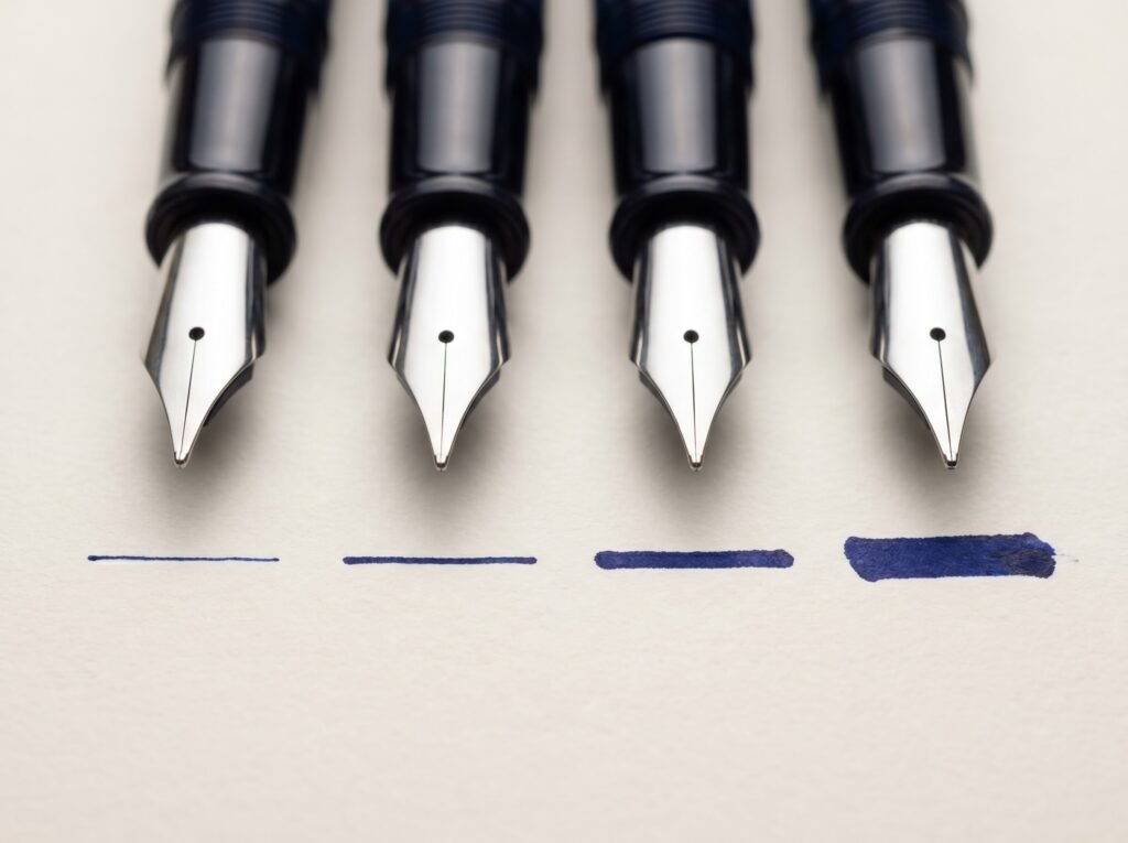 Four fountain pen nibs side by side showing ink line width from extra fine to broad