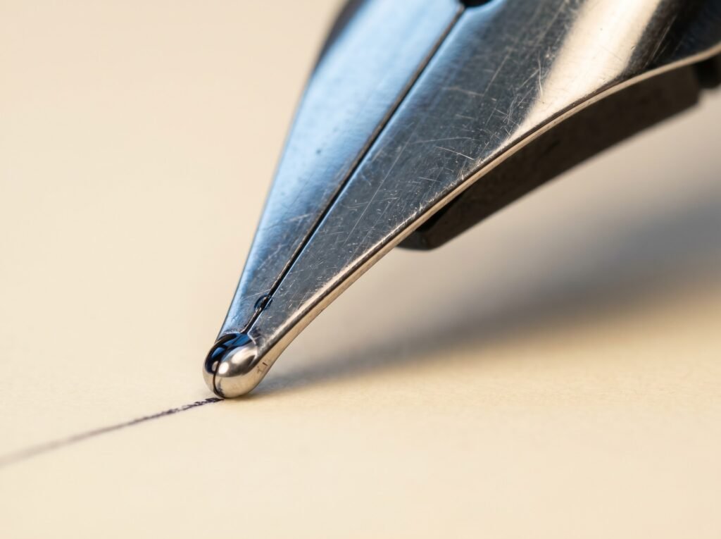 extreme close-up of a fountain pen nib showing tines, slit, and ink at the writing tip