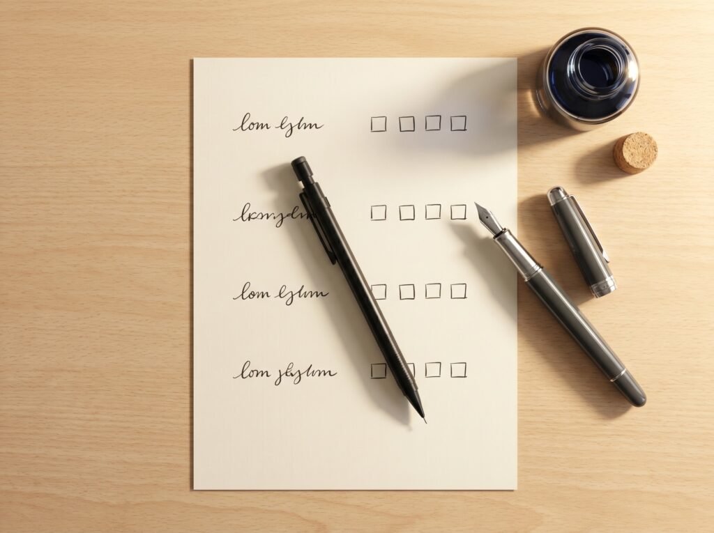 fountain pen review rubric worksheet with pen and ink bottle on wooden desk