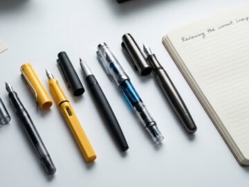 five uncapped fountain pens in a row on a white desk beside a ruled notebook