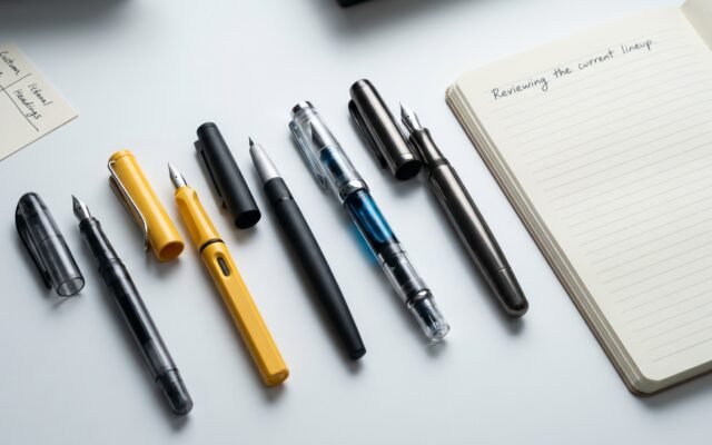five uncapped fountain pens in a row on a white desk beside a ruled notebook