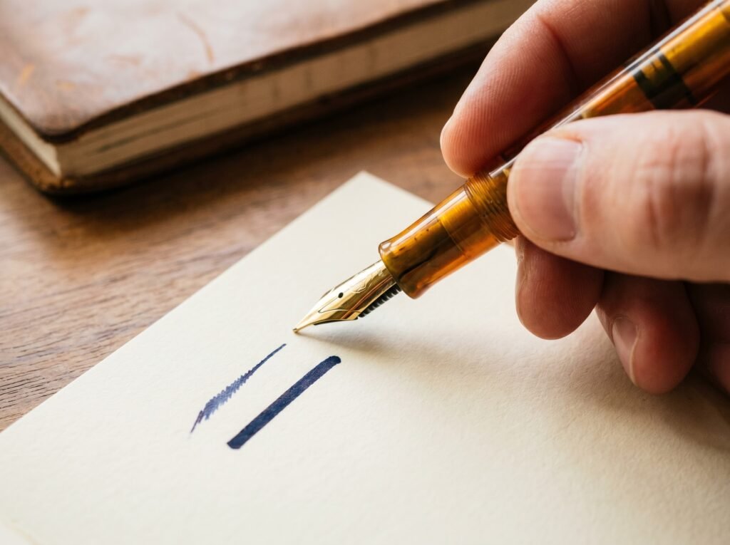fingers gently rotating a fountain pen barrel to find the nib sweet spot on writing paper