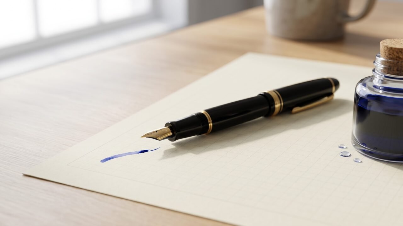 uncapped fountain pen resting on writing paper next to a small ink bottle for troubleshooting