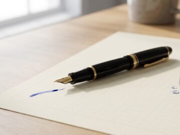 uncapped fountain pen resting on writing paper next to a small ink bottle for troubleshooting