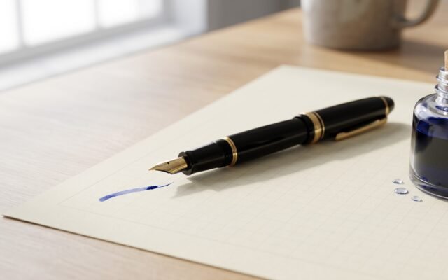uncapped fountain pen resting on writing paper next to a small ink bottle for troubleshooting