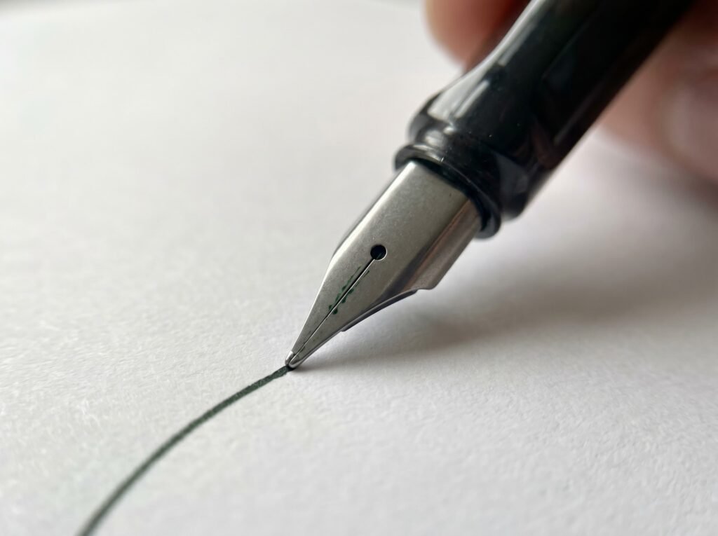 fountain pen nib held at 45-degree angle showing both tines on paper and ink trail