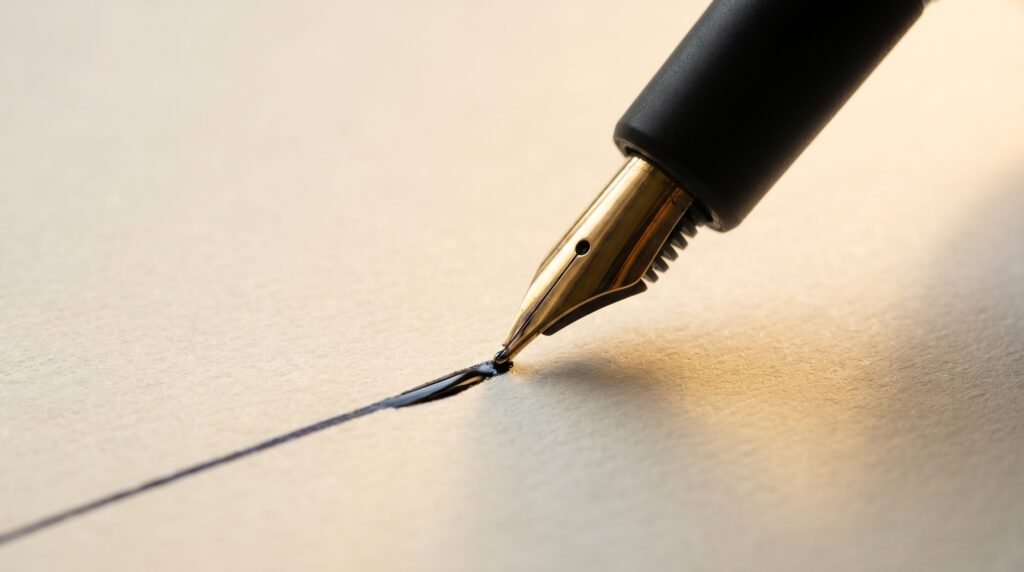 Fountain pen gold nib touching paper during a writing stroke, showing ink flow