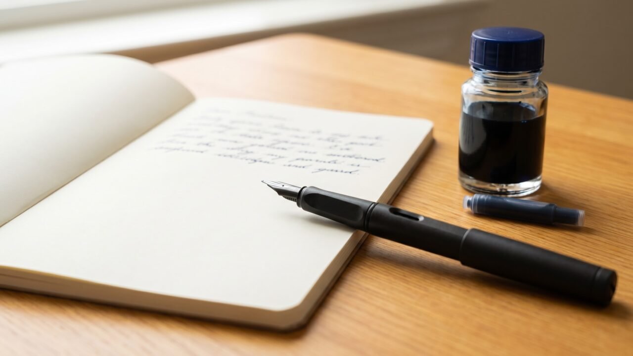 fountain pen resting on smooth notepad next to ink bottle on wooden desk