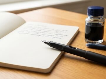 fountain pen resting on smooth notepad next to ink bottle on wooden desk