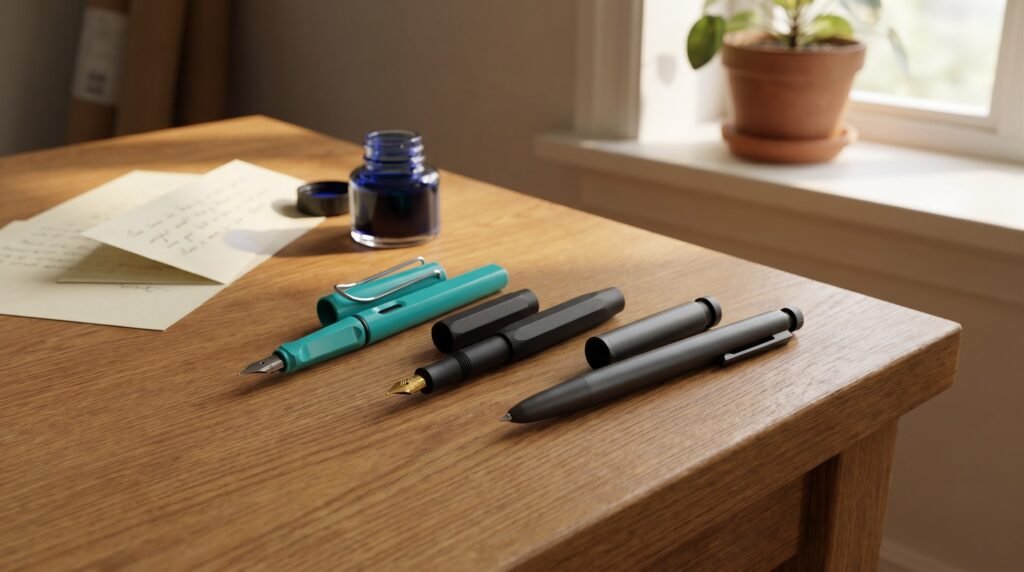 Three German-style fountain pens on a warm oak desk beside a glass ink bottle