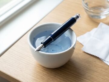 fountain pen nib submerged in a ceramic cup of water for cleaning
