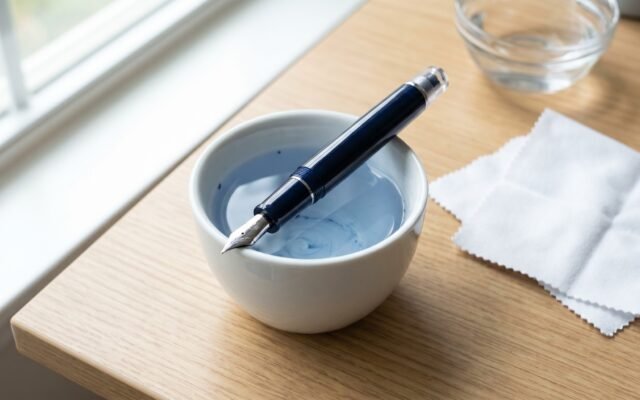 fountain pen nib submerged in a ceramic cup of water for cleaning