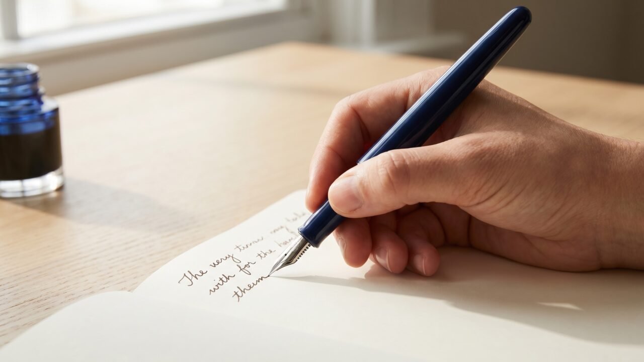 relaxed tripod grip on a navy fountain pen writing on cream paper at correct angle