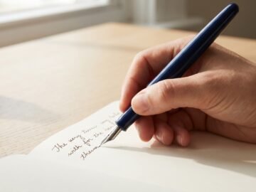relaxed tripod grip on a navy fountain pen writing on cream paper at correct angle