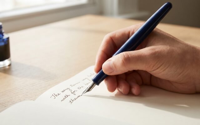 relaxed tripod grip on a navy fountain pen writing on cream paper at correct angle
