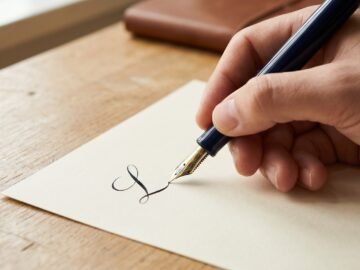hand holding a fountain pen at 45 degrees above ivory paper, showing nib writing position
